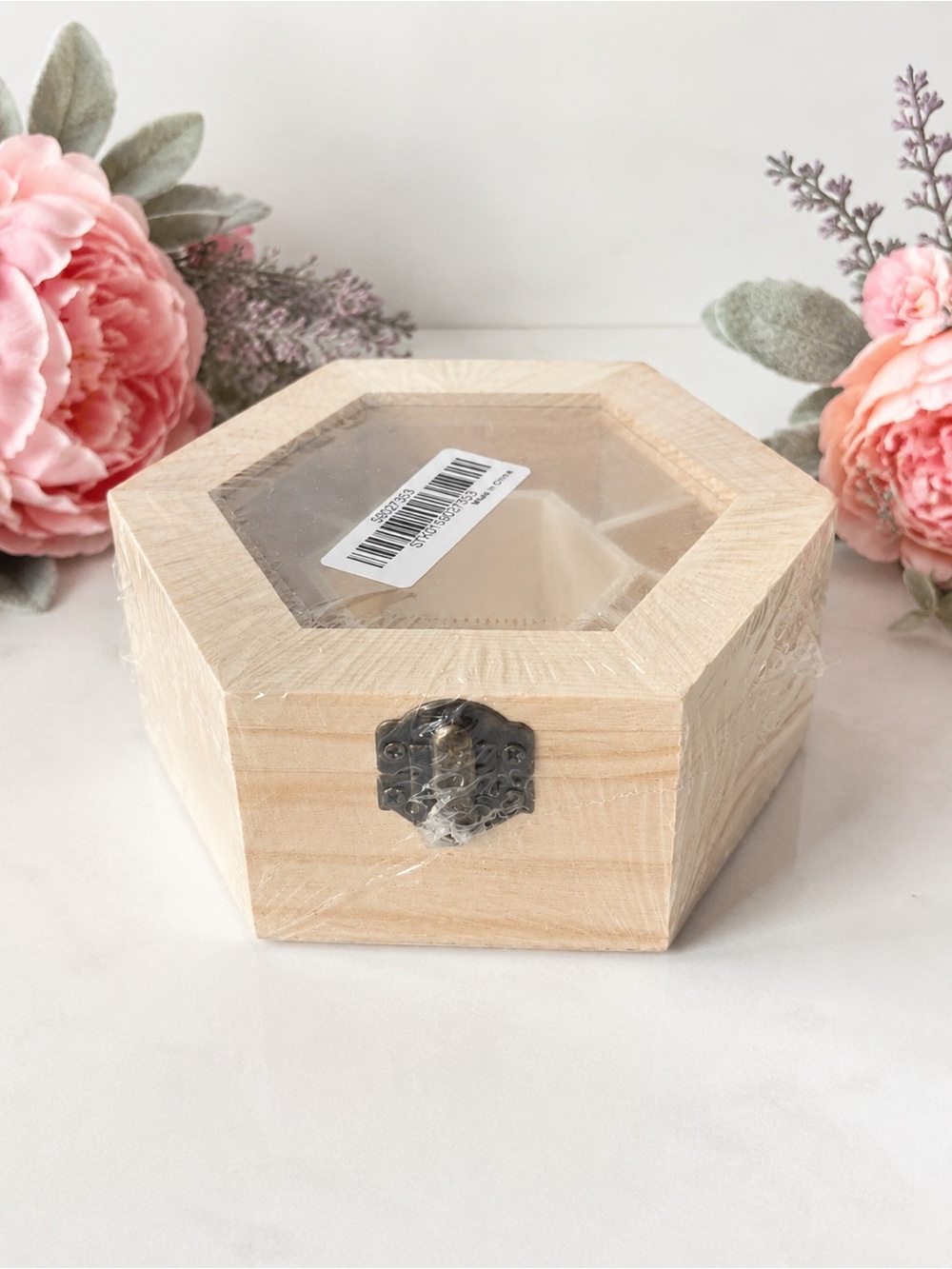 Hexagon Wooden Jewelry Box Clear Lid Natural Wood Keepsake Storage